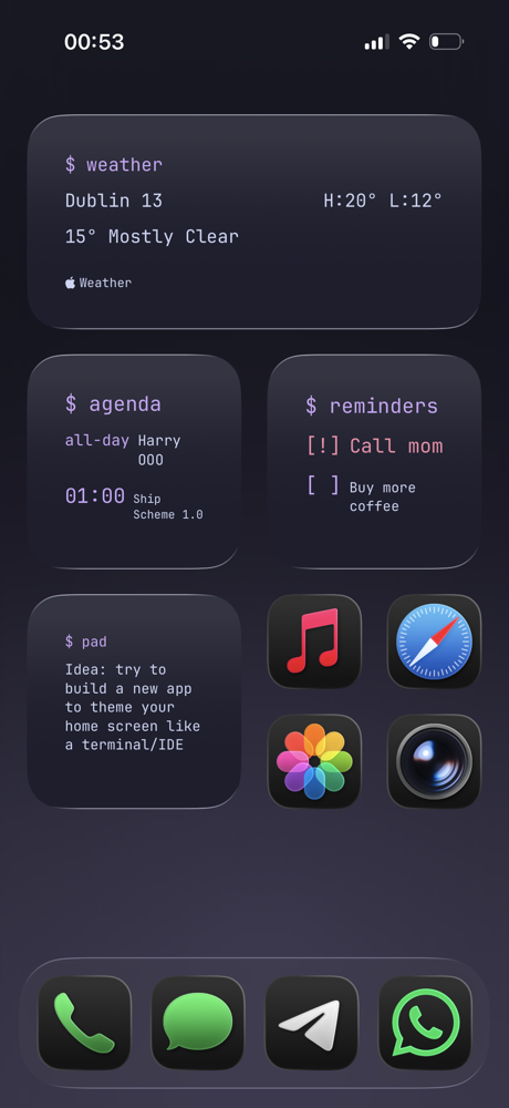 Scheme home screen with weather, agenda, reminders and scratchpad widgets in a dark purple theme
