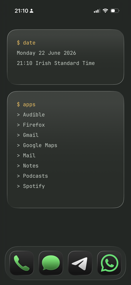 Scheme home screen with clock and app launcher widgets in a dark green theme
