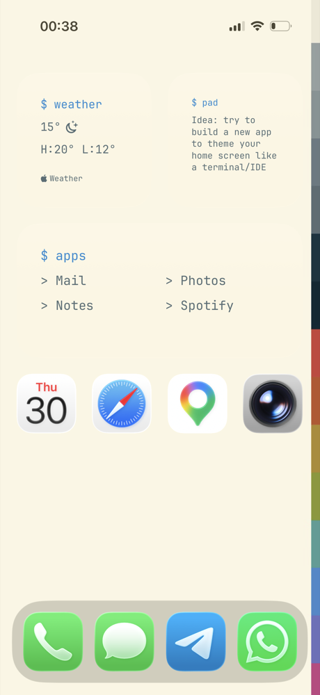 Scheme home screen with weather, scratchpad and app launcher widgets in a light cream theme