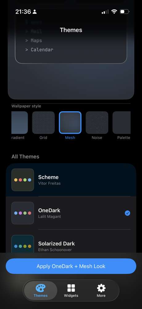 Scheme's Themes tab: a live preview, wallpaper style picker and the theme library